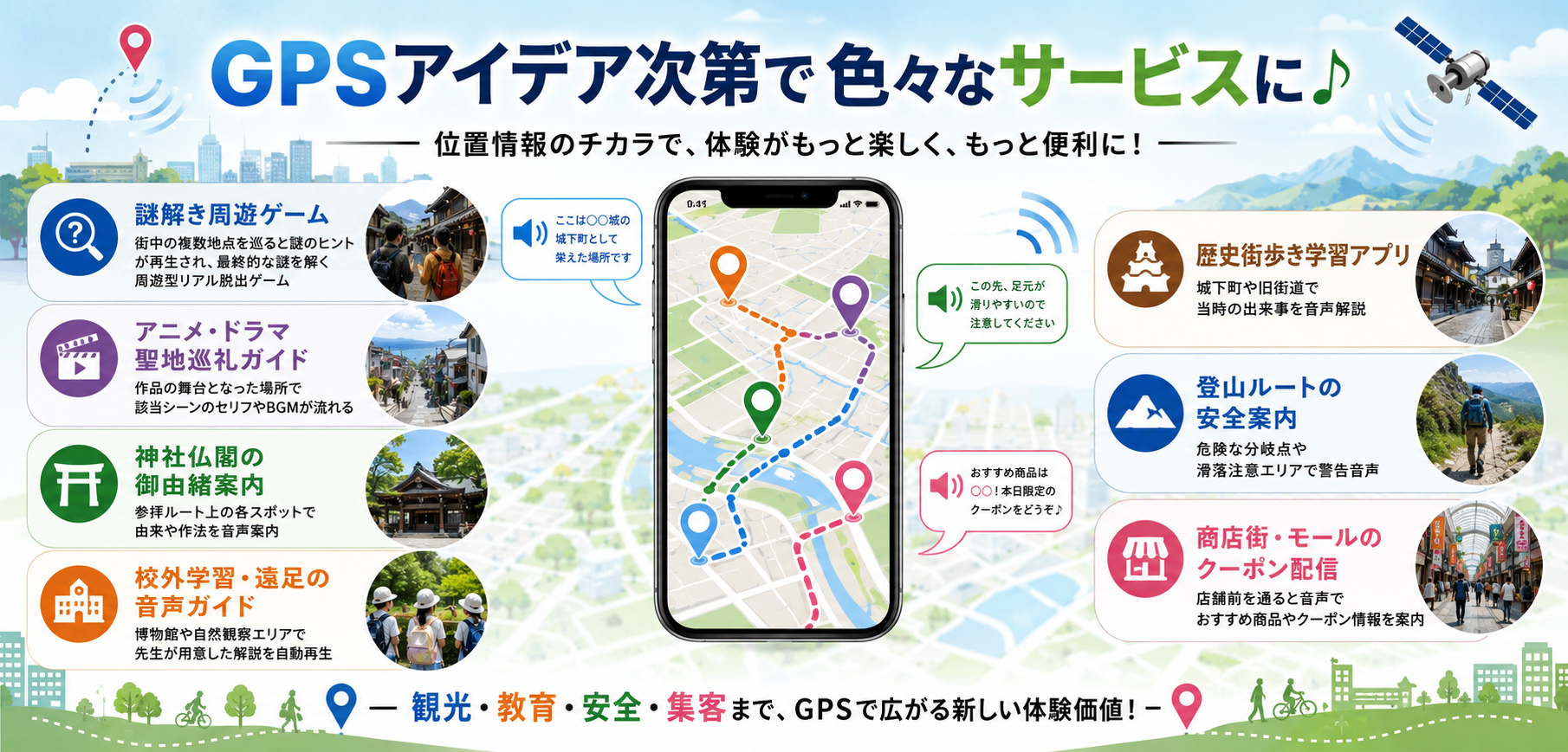 アイデア次第で色々なサービスに♪城下町や旧街道で当時の出来事を音声解説